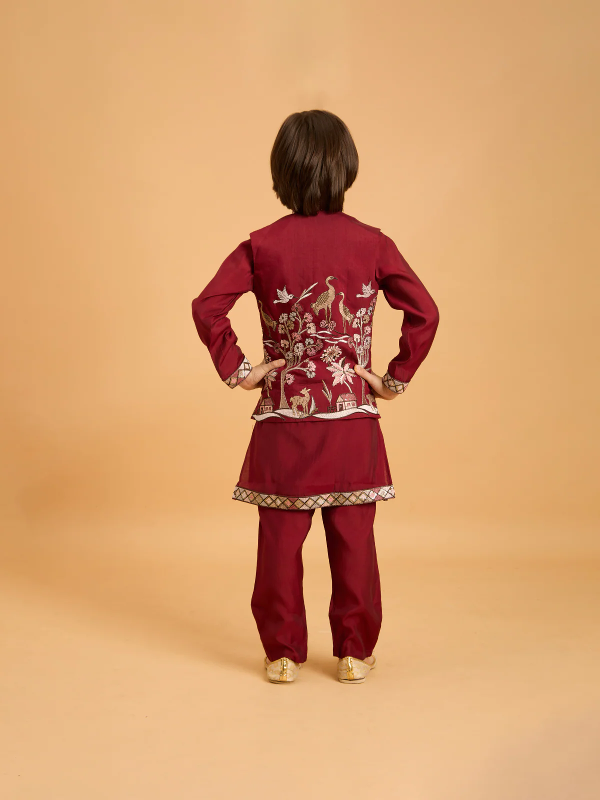 Odette Maroon Viscose Silk Embroidered Stitched Kurta Set For Kids - Image 3
