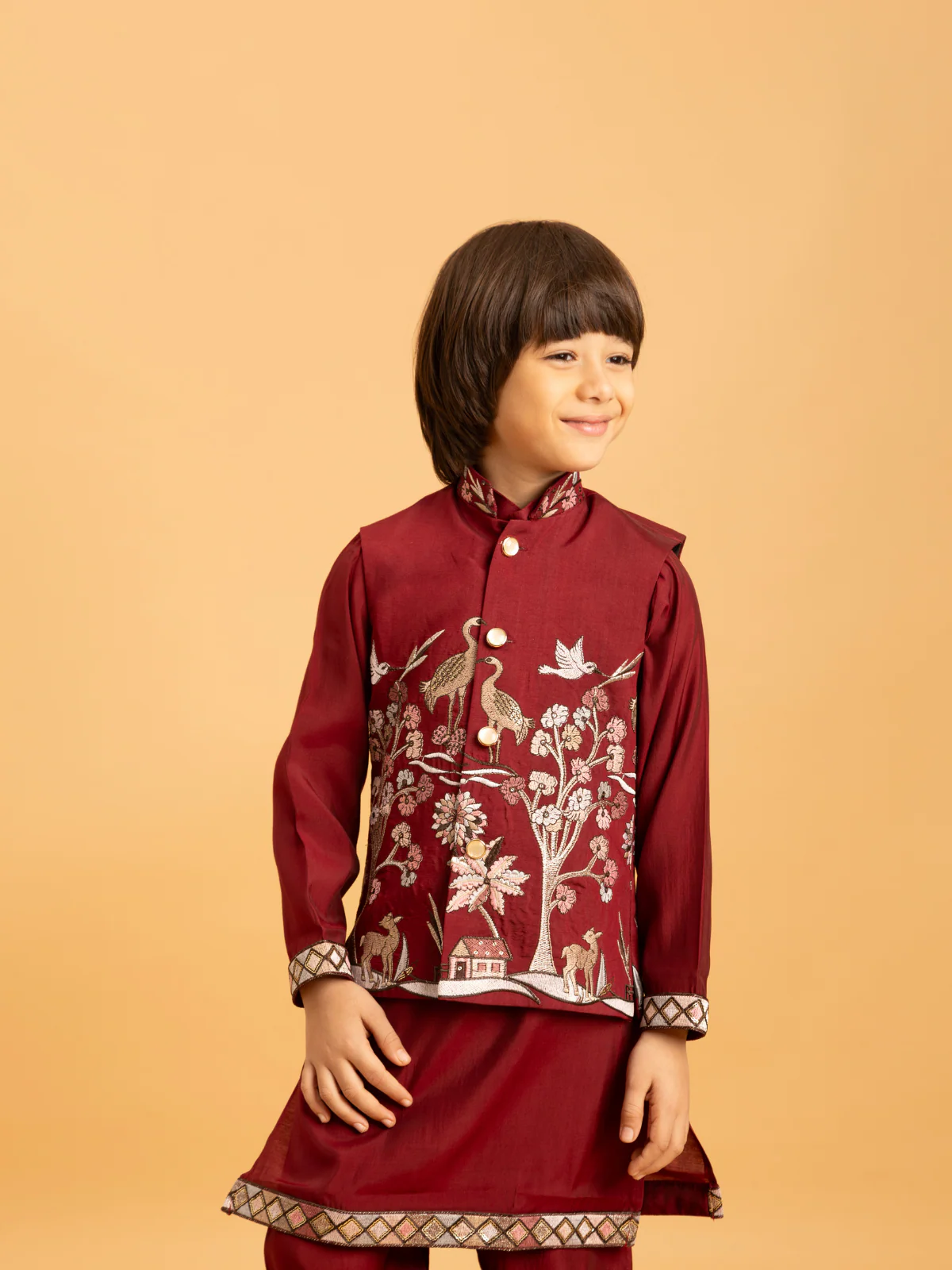 Odette Maroon Viscose Silk Embroidered Stitched Kurta Set For Kids - Image 4