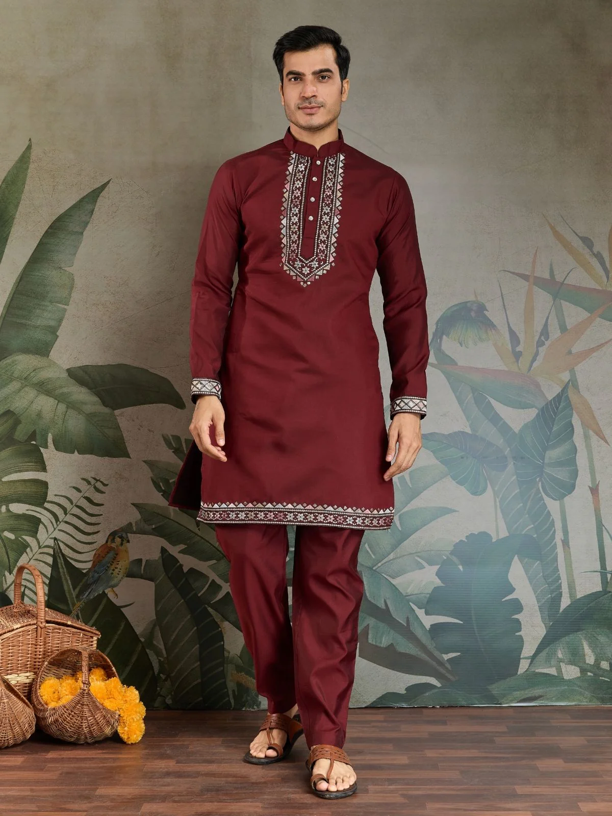 Odette Maroon Viscose Silk Embroidered Stitched Kurta Set For Men - Image 4