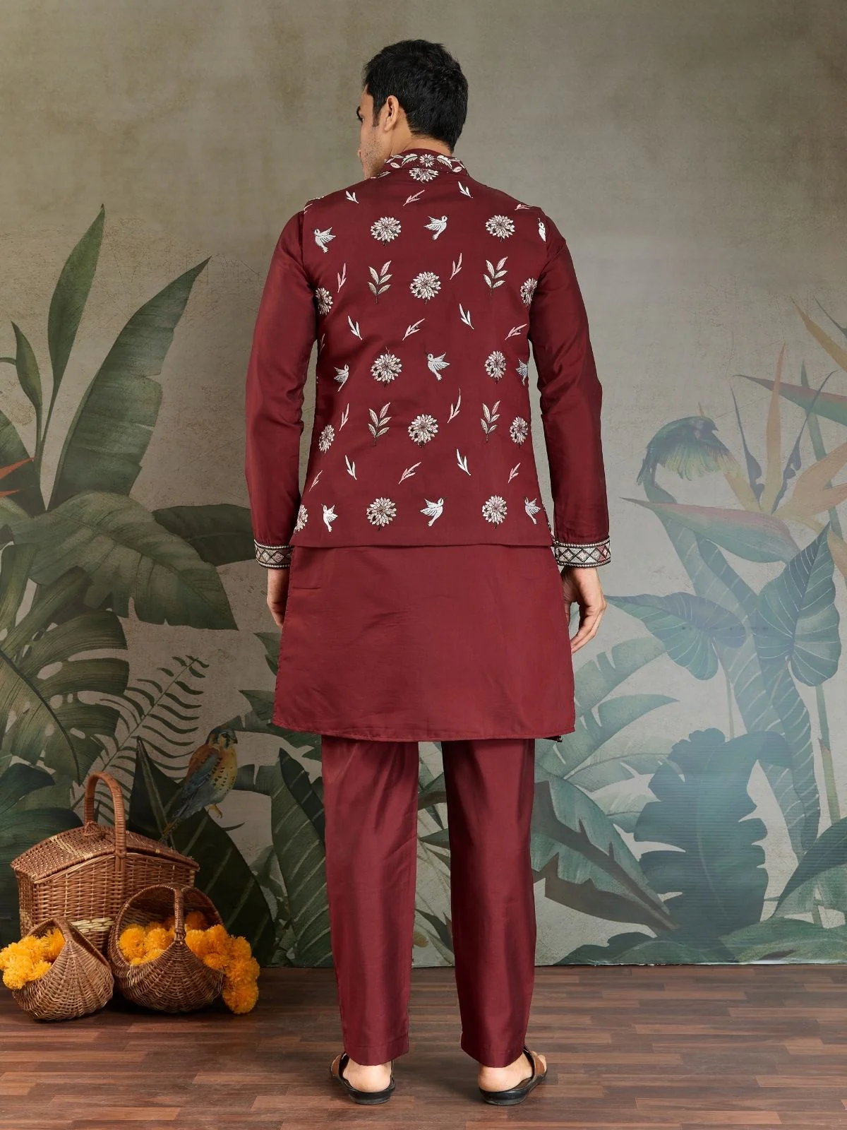 Odette Maroon Viscose Silk Embroidered Stitched Kurta Set For Men - Image 5