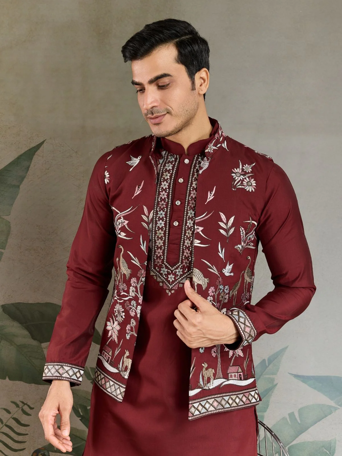 Odette Maroon Viscose Silk Embroidered Stitched Kurta Set For Men - Image 6