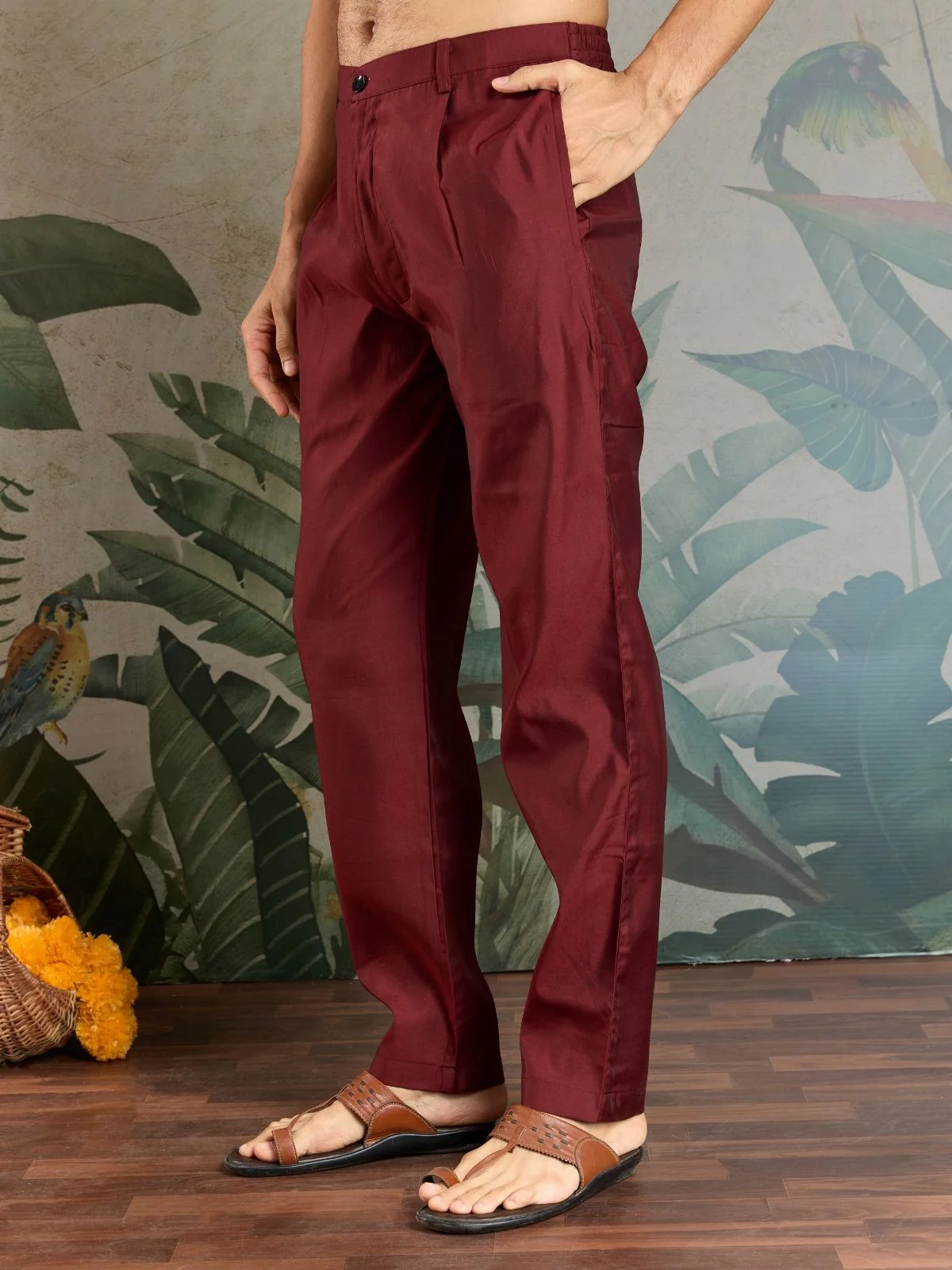 Odette Maroon Viscose Silk Embroidered Stitched Kurta Set For Men - Image 7