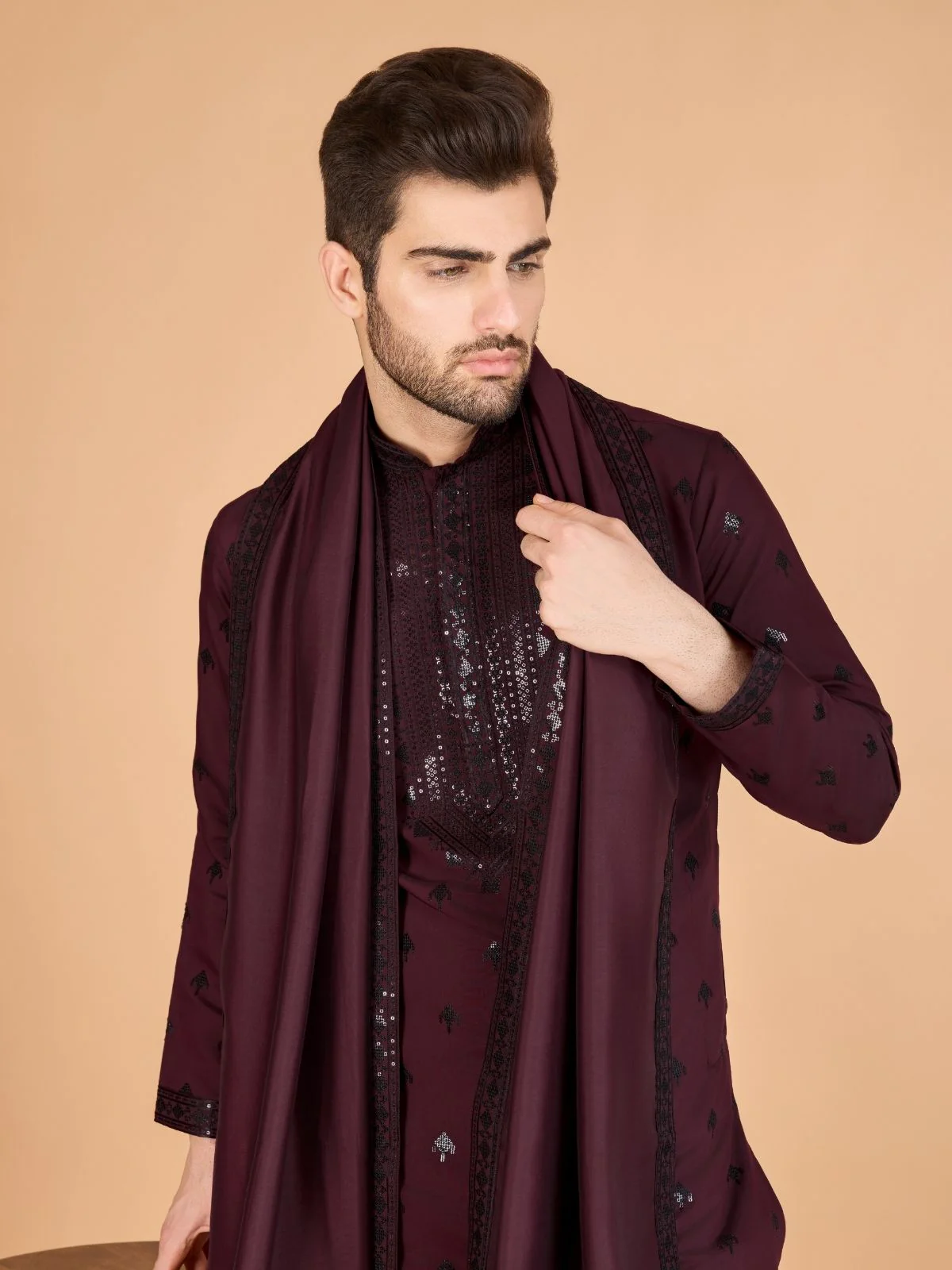 Odette Maroon Viscose Silk Sequence Stitched Kurta For Men - Image 6