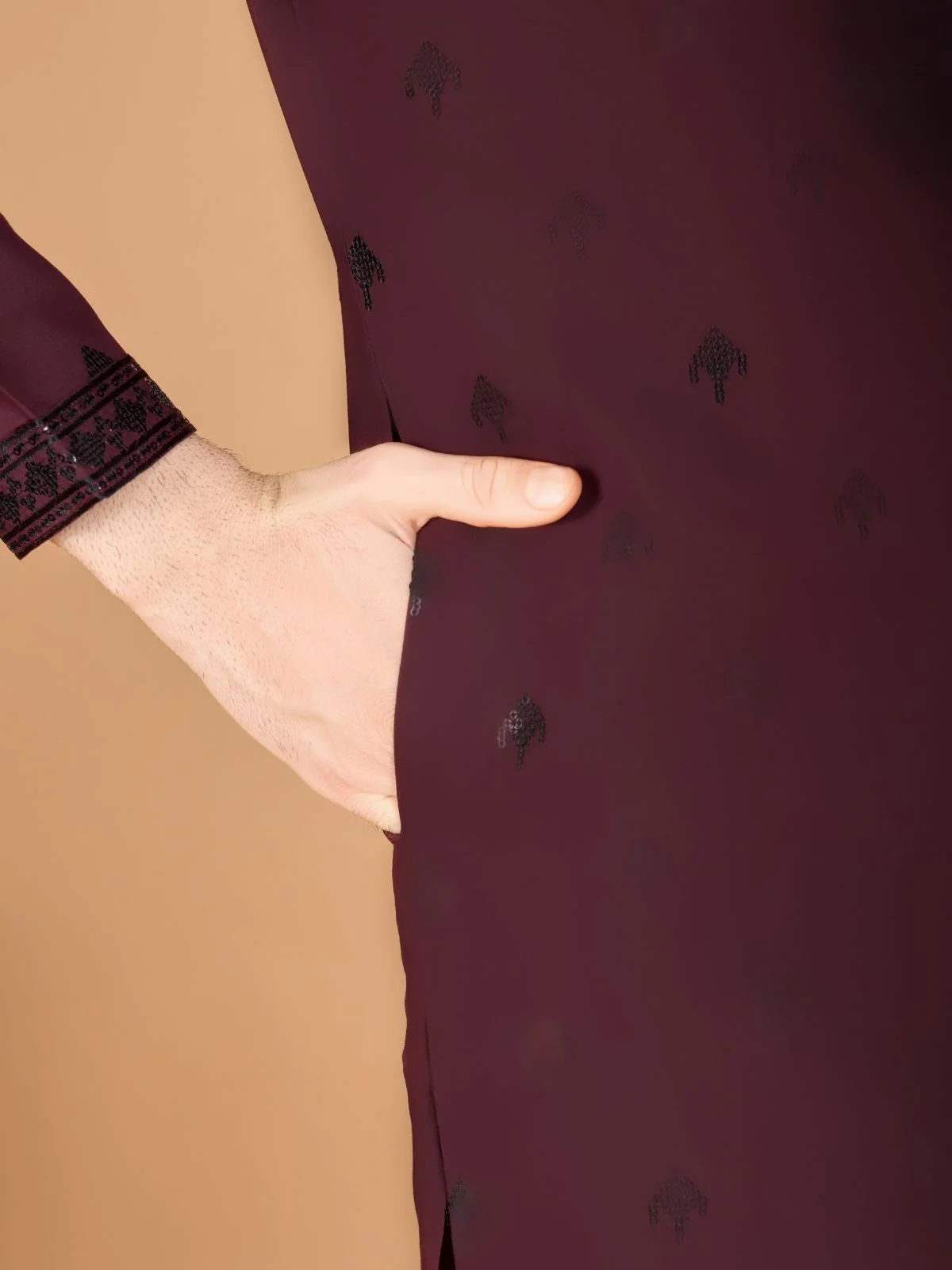 Odette Maroon Viscose Silk Sequence Stitched Kurta For Men - Image 8