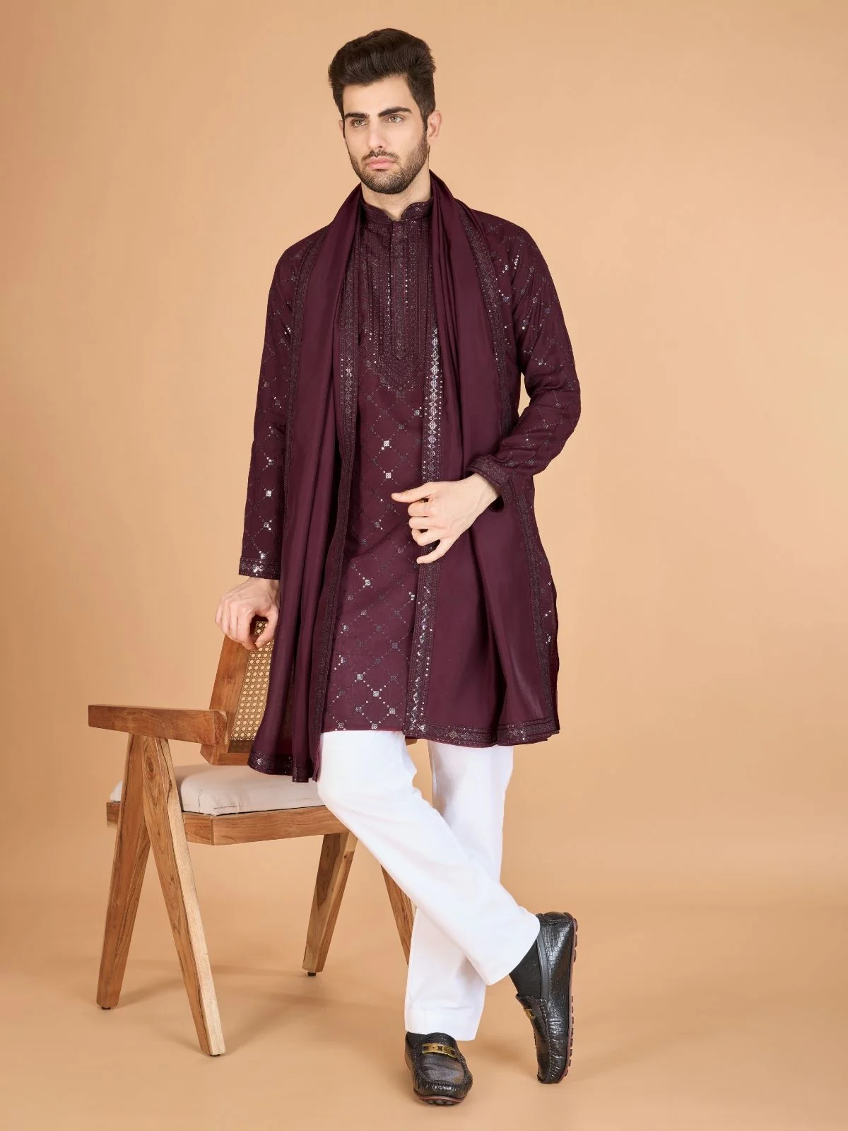Odette Maroon Viscose Silk Sequins Stitched Kurta For Men - Image 3