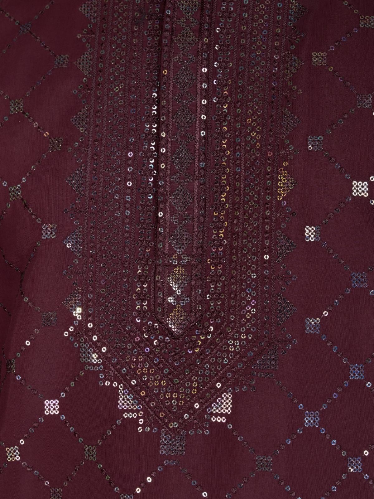 Odette Maroon Viscose Silk Sequins Stitched Kurta For Men - Image 7