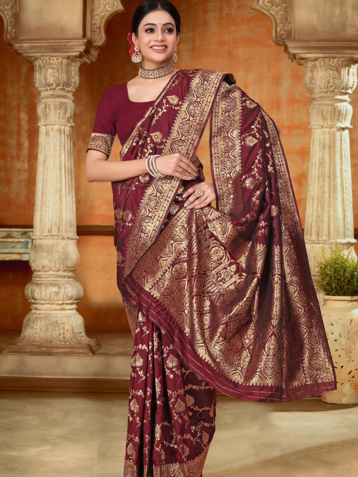 Odette Maroon Woven Banarasi Silk Saree With unstitched Blouse For Women - Image 2