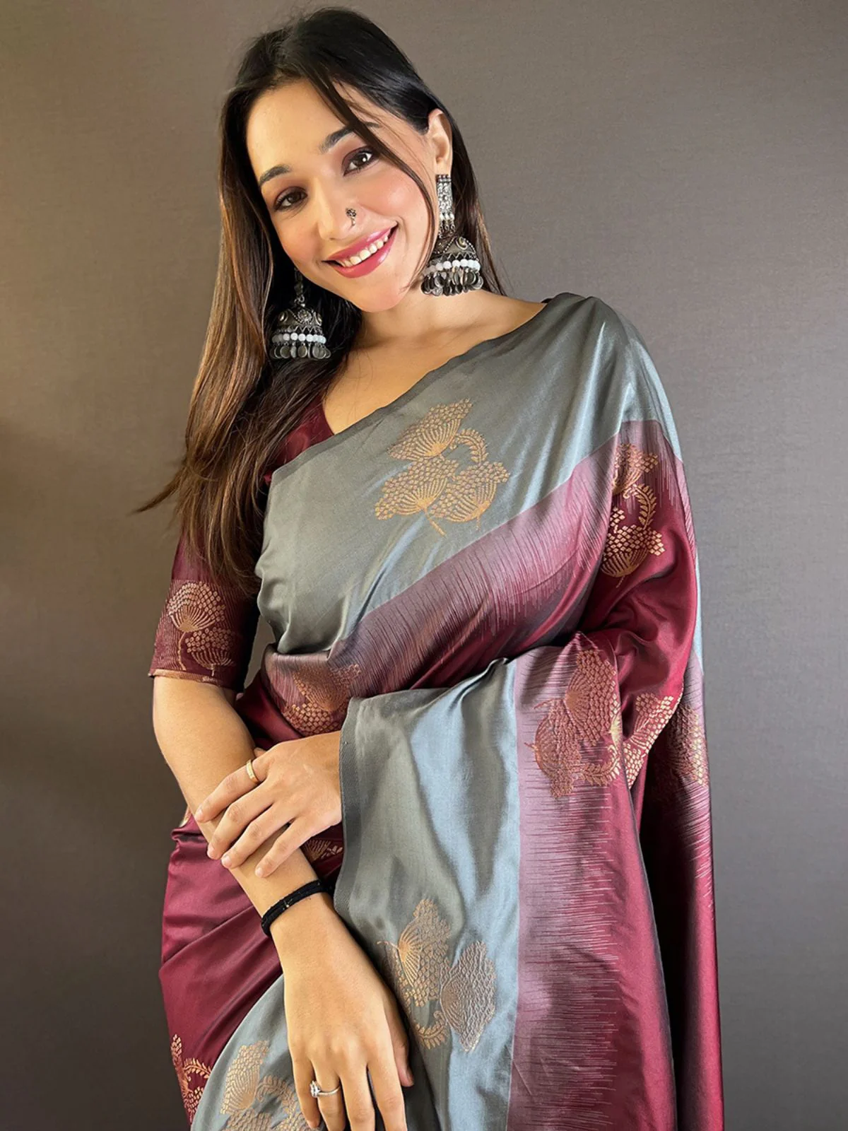 Odette Maroon Woven Design Soft Silk Saree With Unstitched Blouse For Women - Image 3