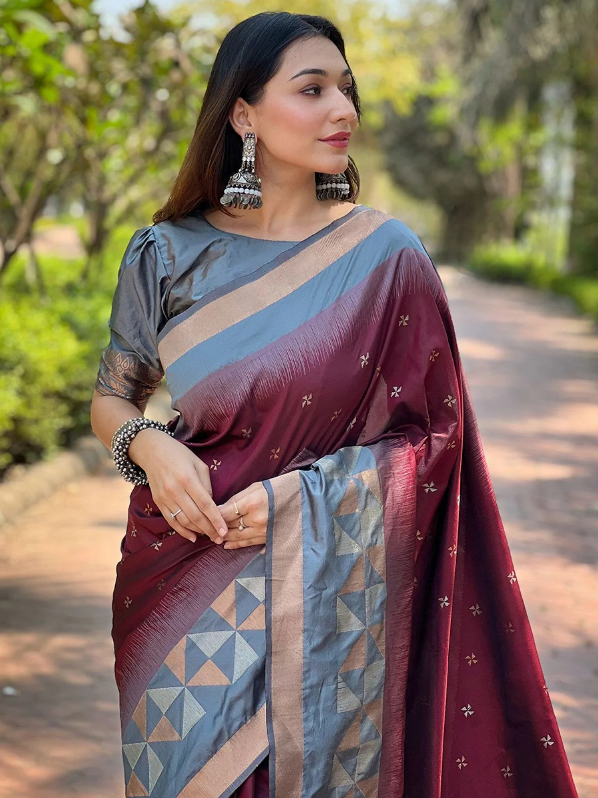 Odette Maroon Woven Design Soft Silk Saree With Unstitched Blouse For Women - Image 3
