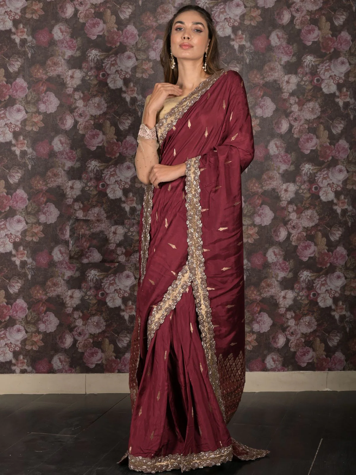 Odette Maroon Zari and Stone Embellished Woven Saree with Unstitched Blouse for Women - Image 2