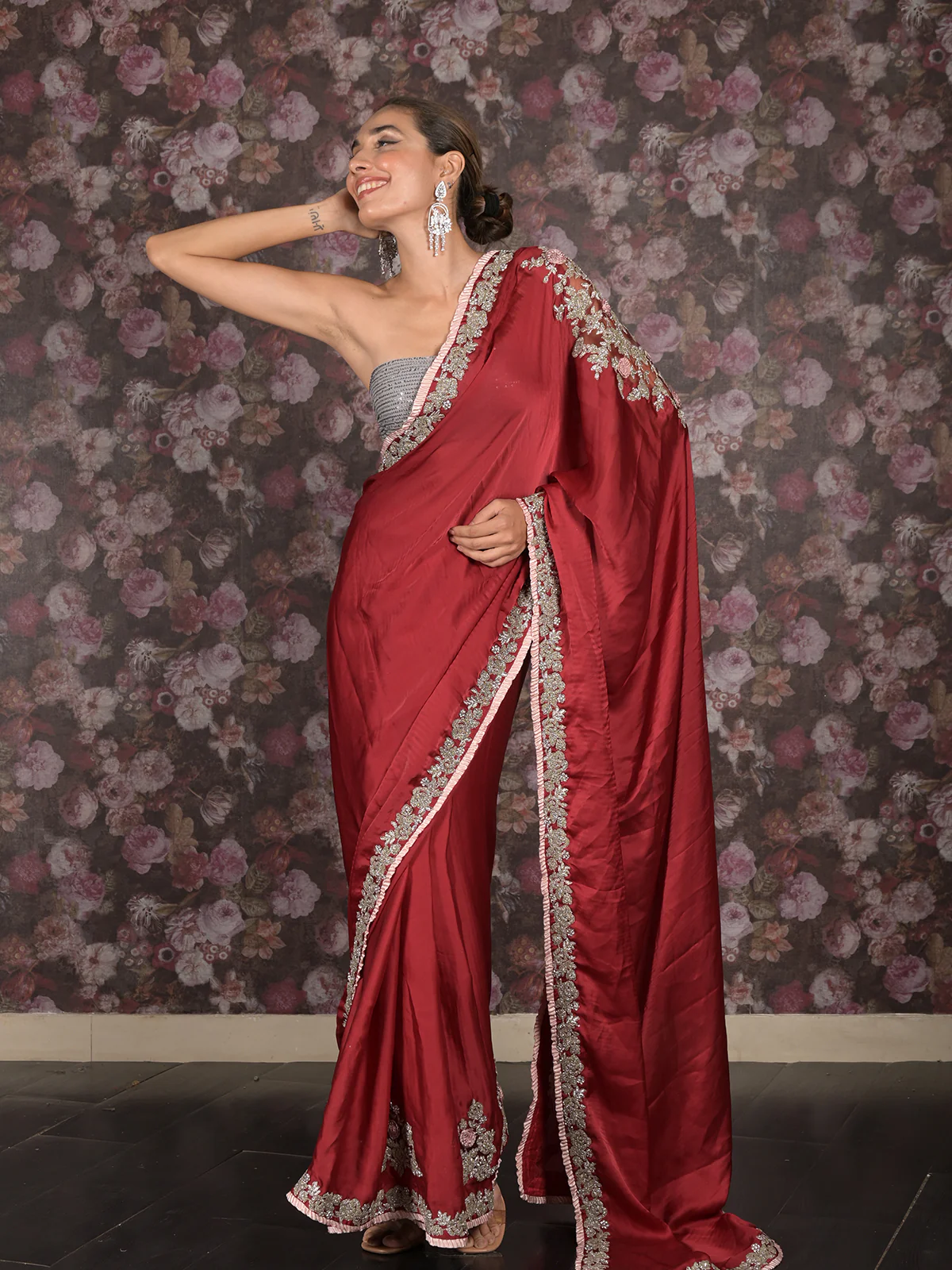 Odette Maroon Zari and Stone Embroidered Satin Saree with Unstitched Blouse for Women - Image 2