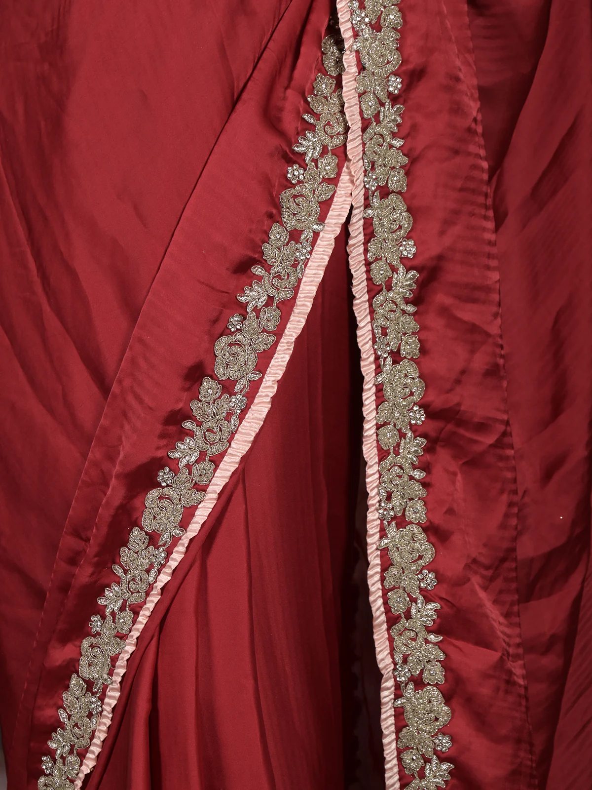 Odette Maroon Zari and Stone Embroidered Satin Saree with Unstitched Blouse for Women - Image 6