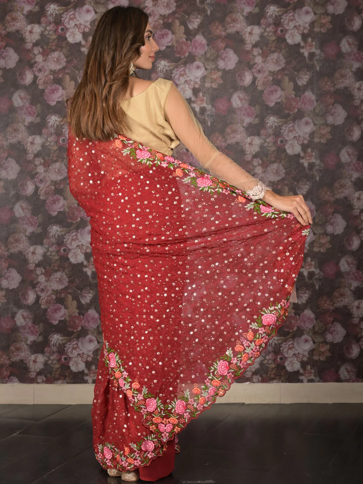 Odette Maroon Floral Embroidered Georgette Saree with Unstitched Blouse for Women - Image 4