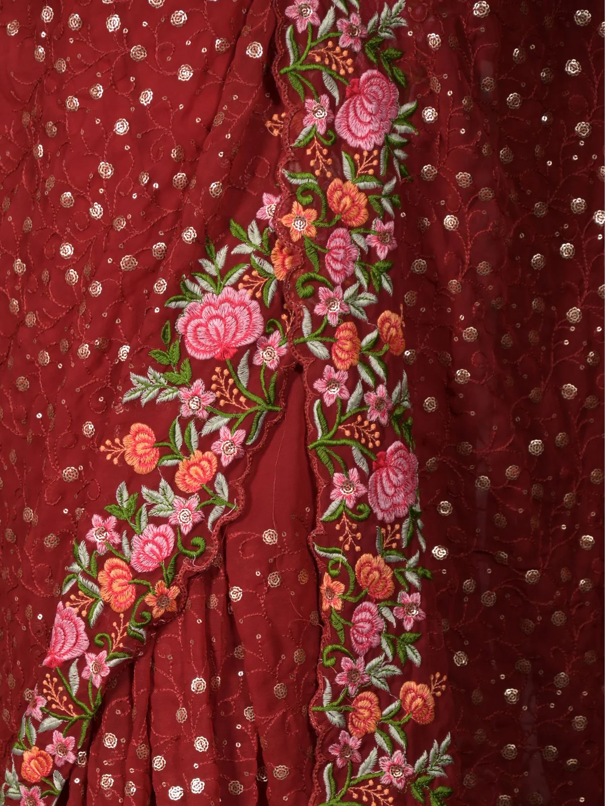 Odette Maroon Floral Embroidered Georgette Saree with Unstitched Blouse for Women - Image 5