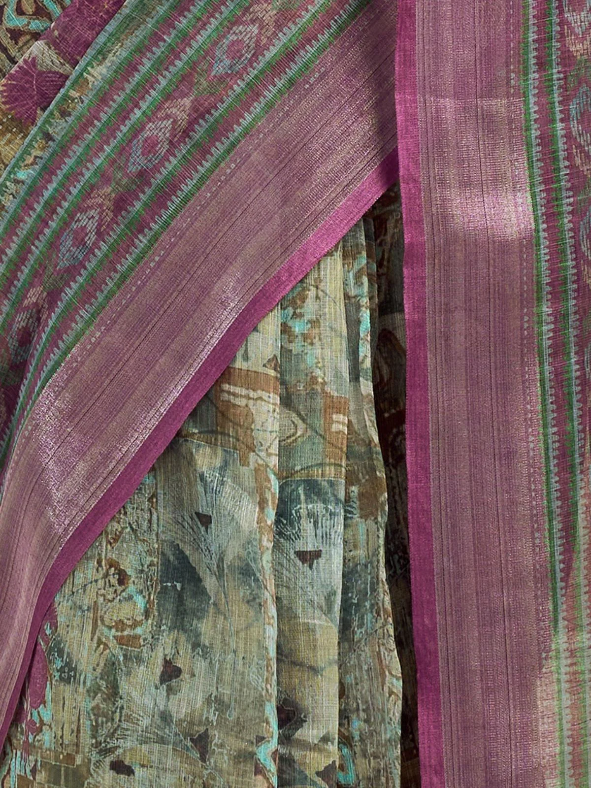 Odette Mauve And Green Cotton Linen Zari Work Saree For Women - Image 6