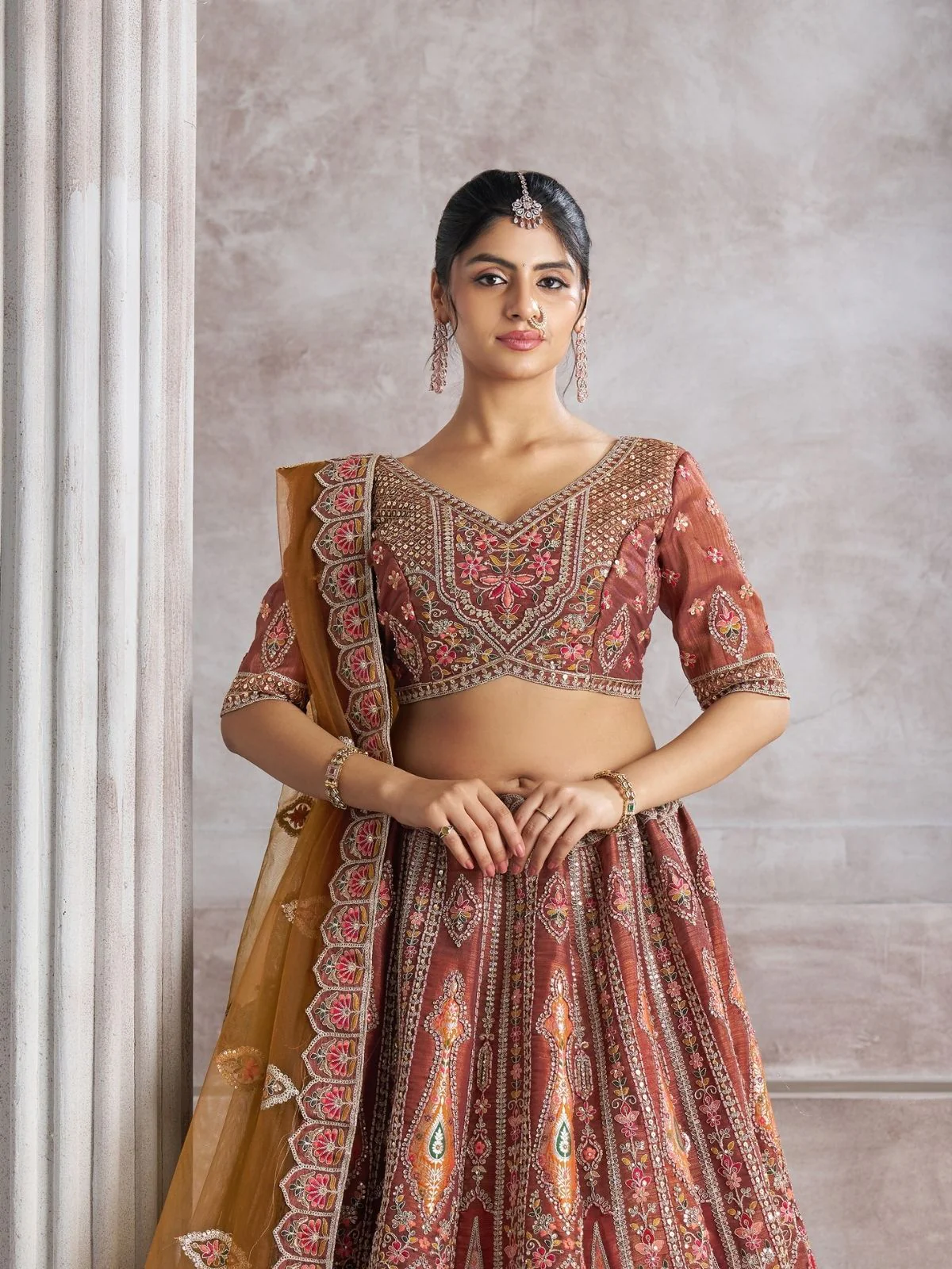 Odette Mauve Banarasi Silk Embroidered Semi-Stitched Lehenga For Women - Image 3