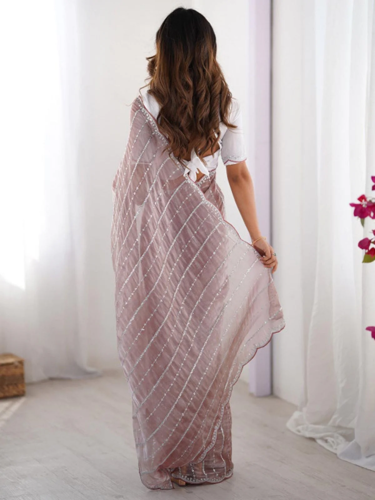 Odette Mauve Chiffon Embellished Solid Saree For Women - Image 2