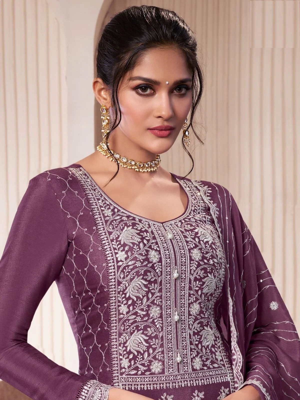 Odette Mauve Chiffon Embroidered Semi Stitched Kurta Set For Women - Image 2