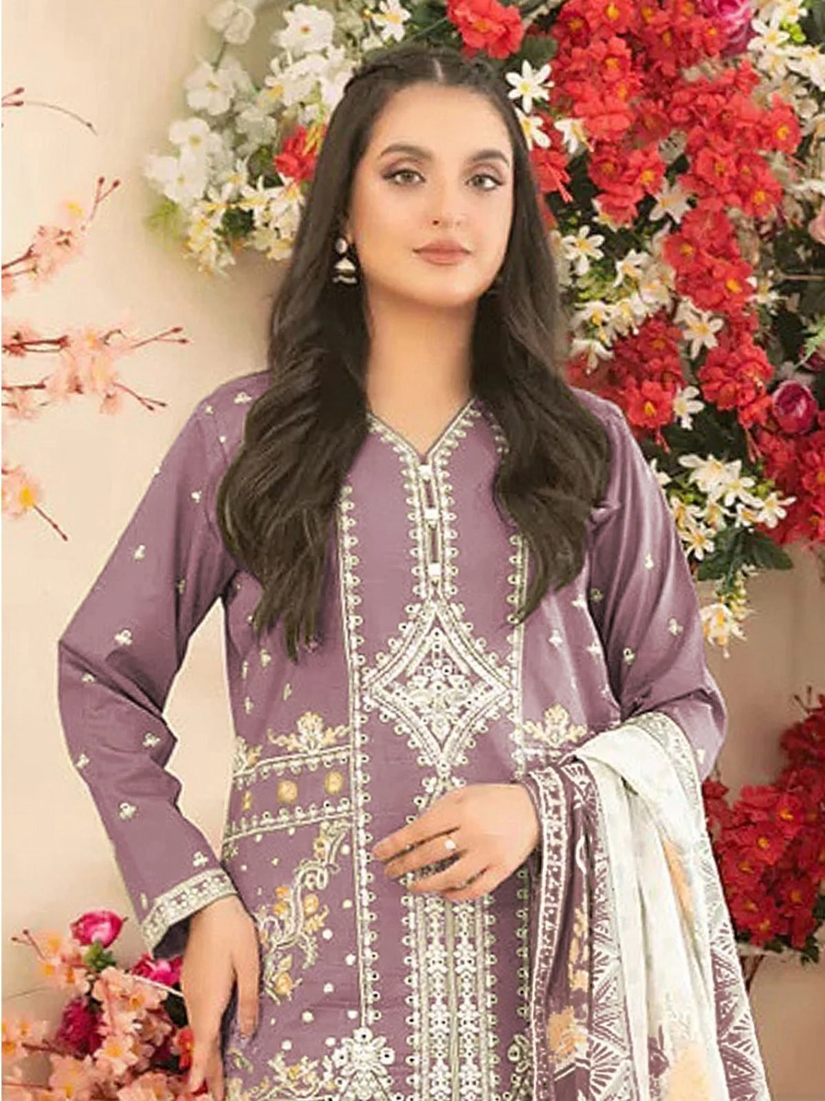 Odette Mauve Cotton Blend Embroidered Semi Stitched Kurta Set For Women - Image 2
