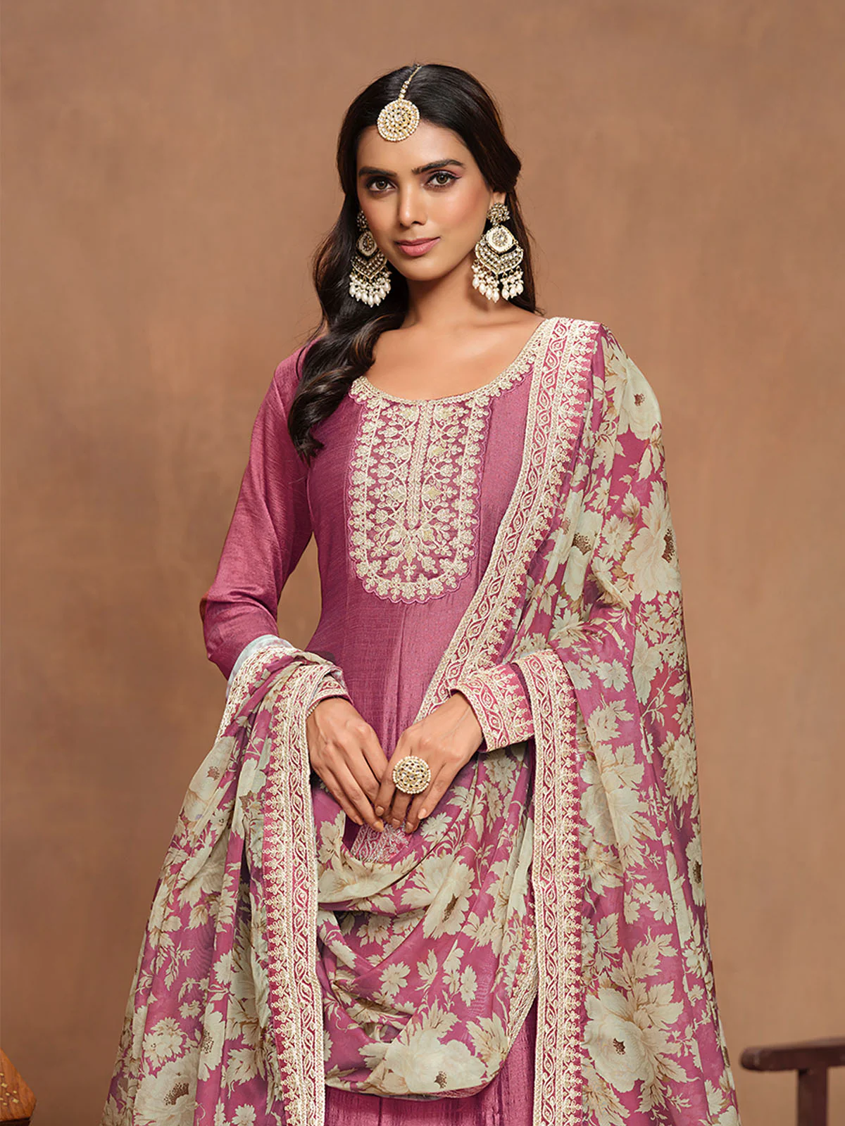 Odette Mauve Embroidered Art Silk Semi Stitched Gown With Dupatta For Women - Image 3