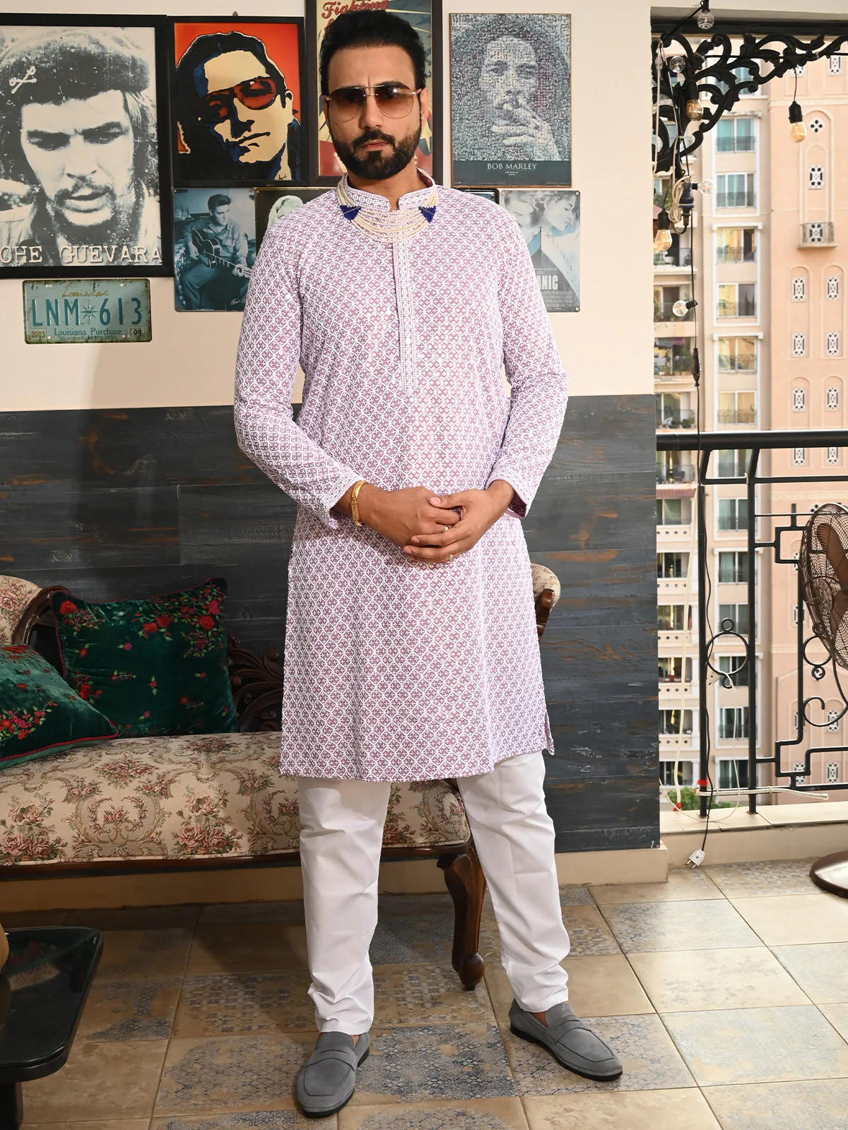 Odette Mauve Embroidered Cotton Kurta Set For Men - Image 3