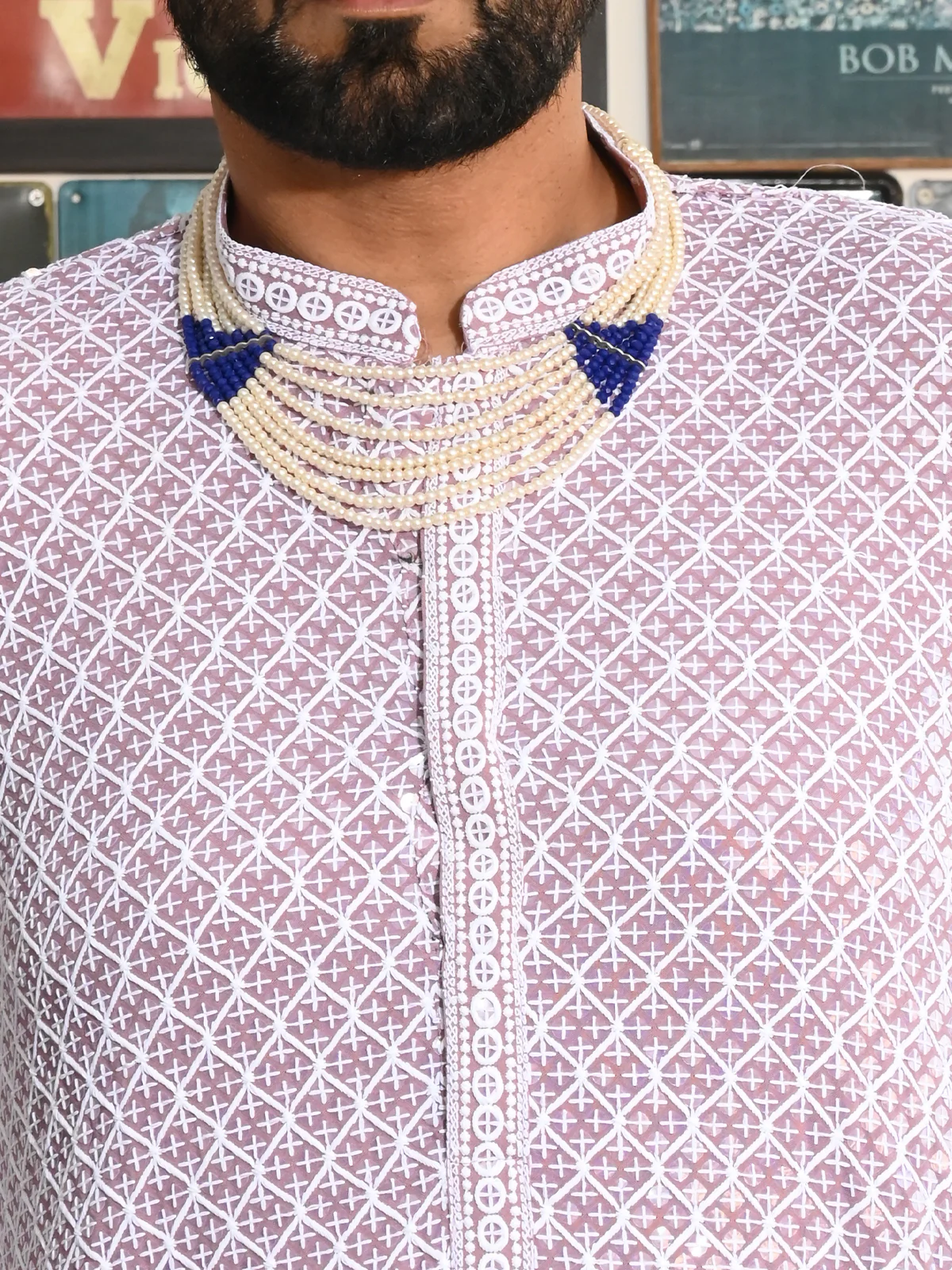 Odette Mauve Embroidered Cotton Kurta Set For Men - Image 5