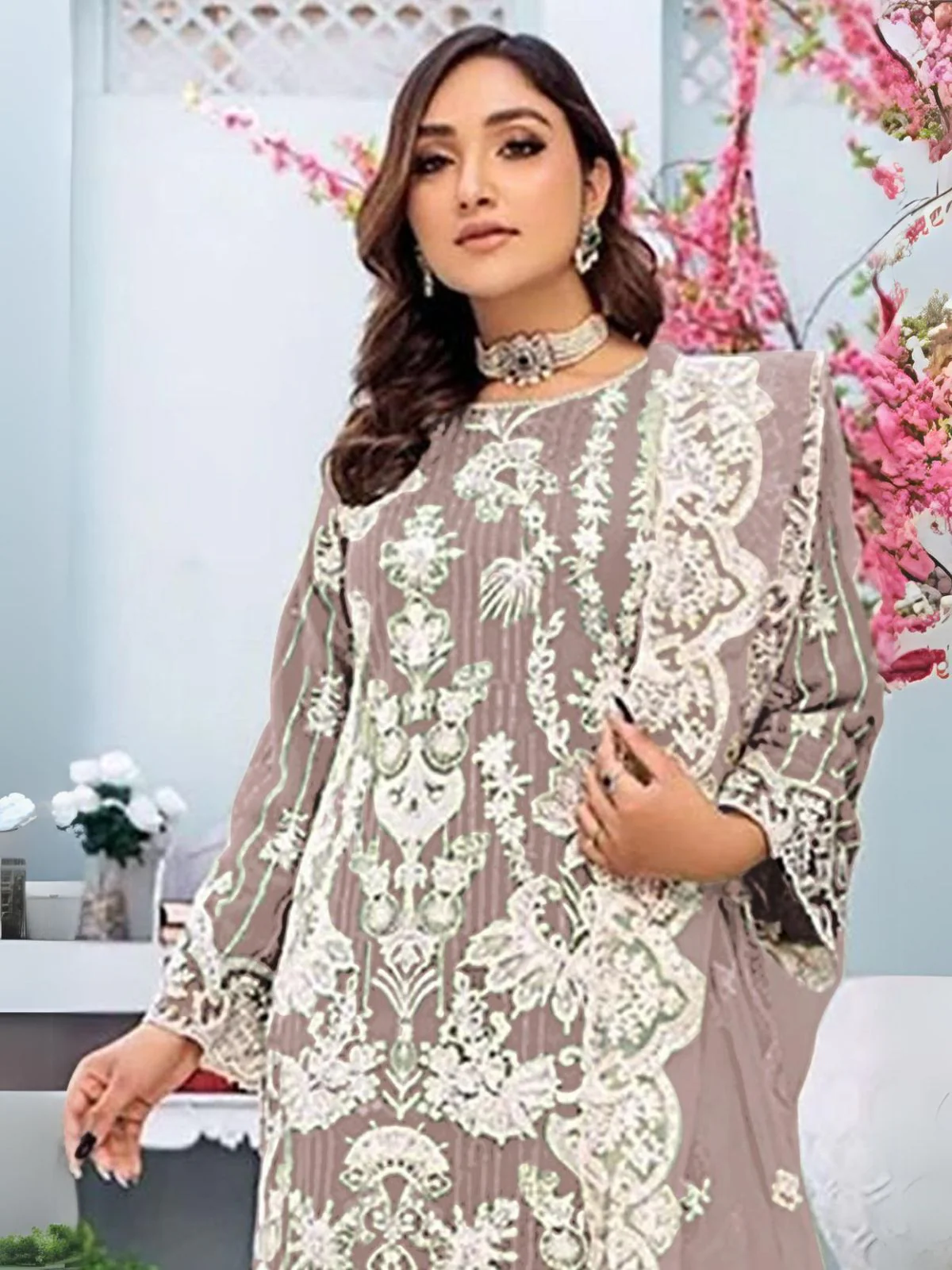 Odette Mauve Embroidered Georgette Semi Stitched Kurta Set For Women - Image 2