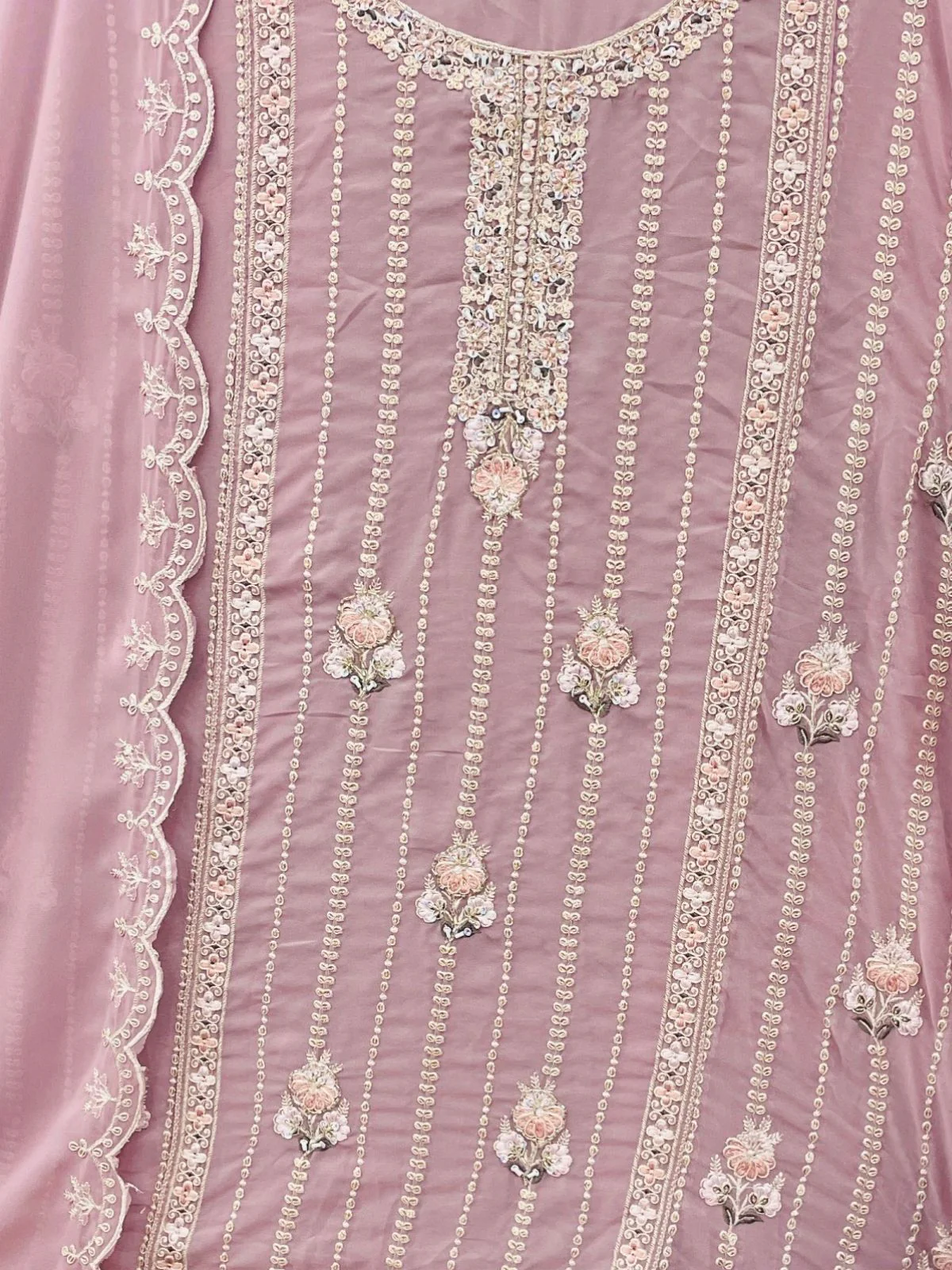Odette Mauve Embroidered Georgette Semi Stitched Kurta Set With Dupatta For Women - Image 3