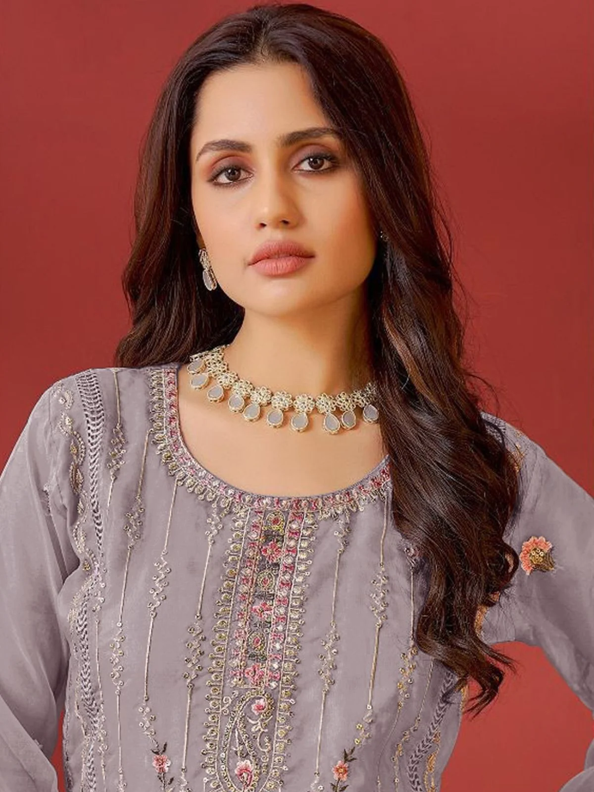 Odette Mauve Embroidered Georgette Semi Stitched Kurta Set with Dupatta For Women - Image 2