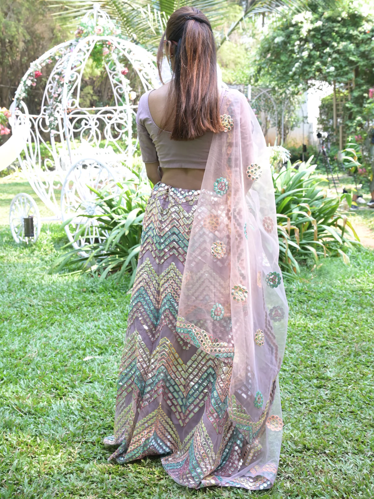 Odette Mauve Embroidered Net Semi Stitched Lehenga for Women - Image 3