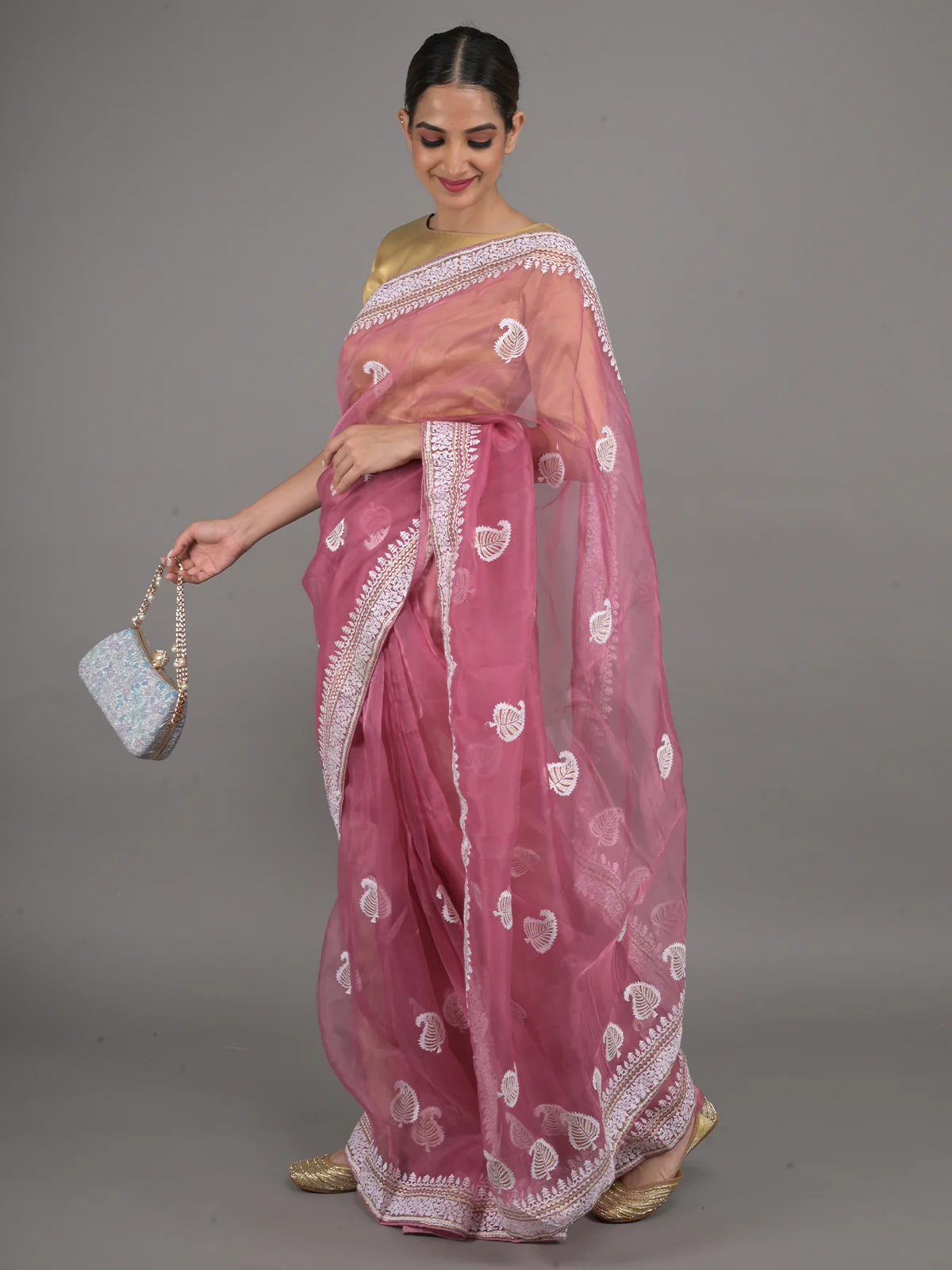 Odette Mauve Embroidered Organza Saree with Unstitched Blouse For Women - Image 2