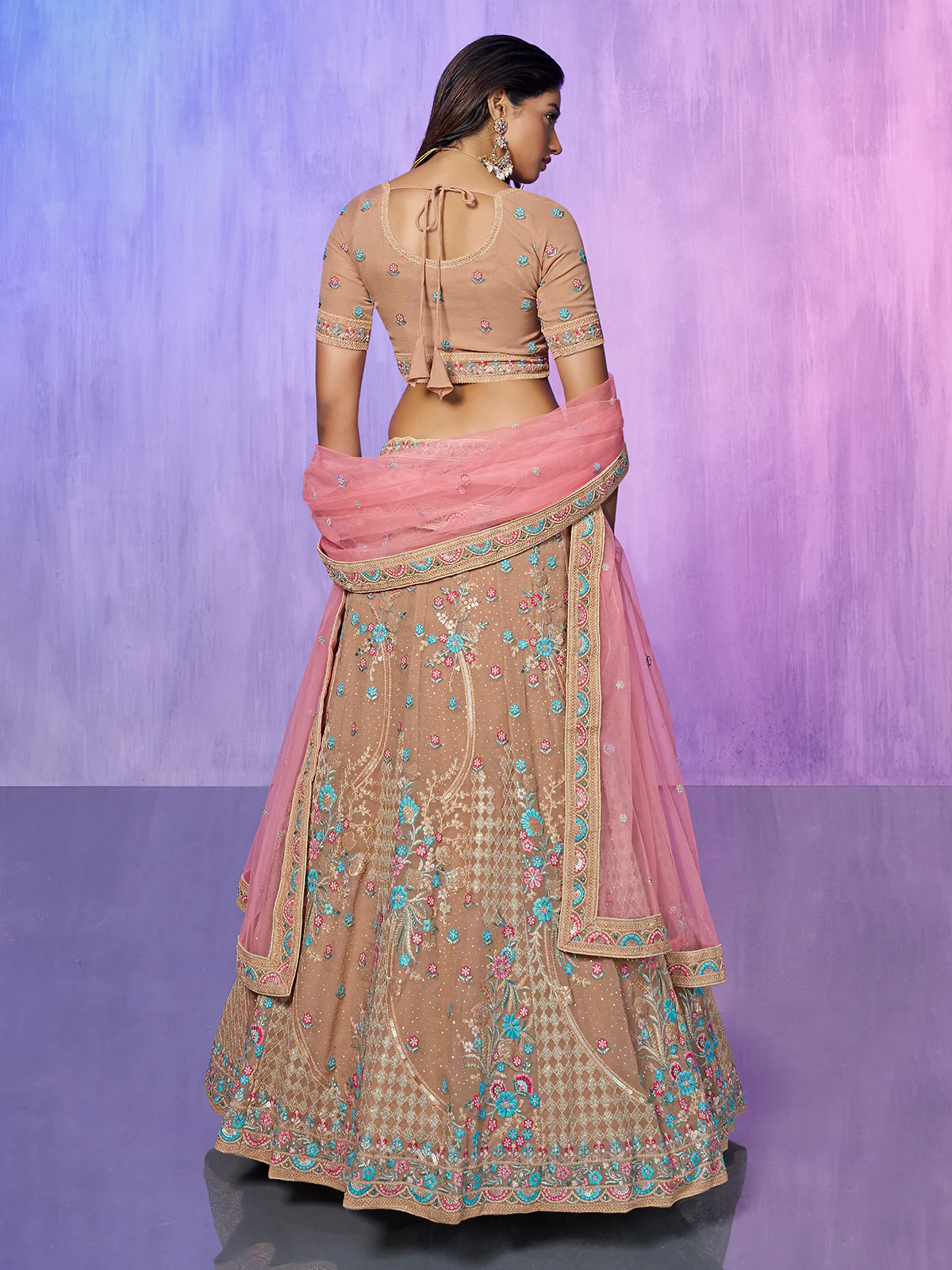 Odette Beige Embroidered Georgette Semi Stitched Lehenga With Unstitched Blouse For Women - Image 4
