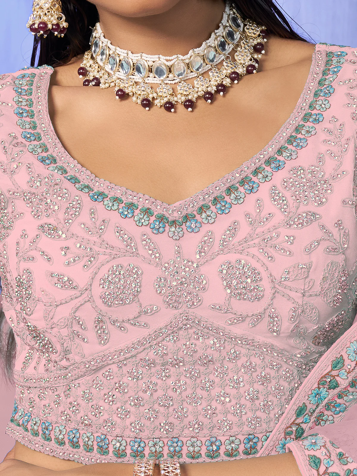 Odette Pink Embroidered Georgette Semi Stitched Lehenga With Unstitched Blouse  For Women - Image 5