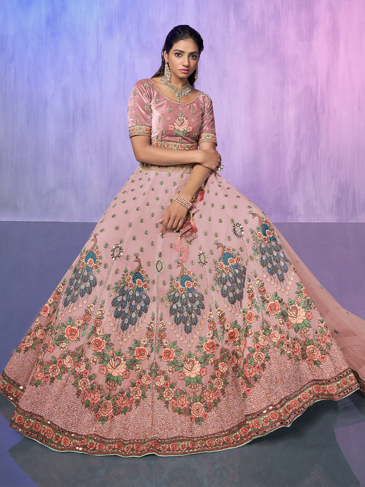 Odette Peach Embroidered Georgette Semi Stitched Lehenga With Unstitched Blouse For Women - Image 2