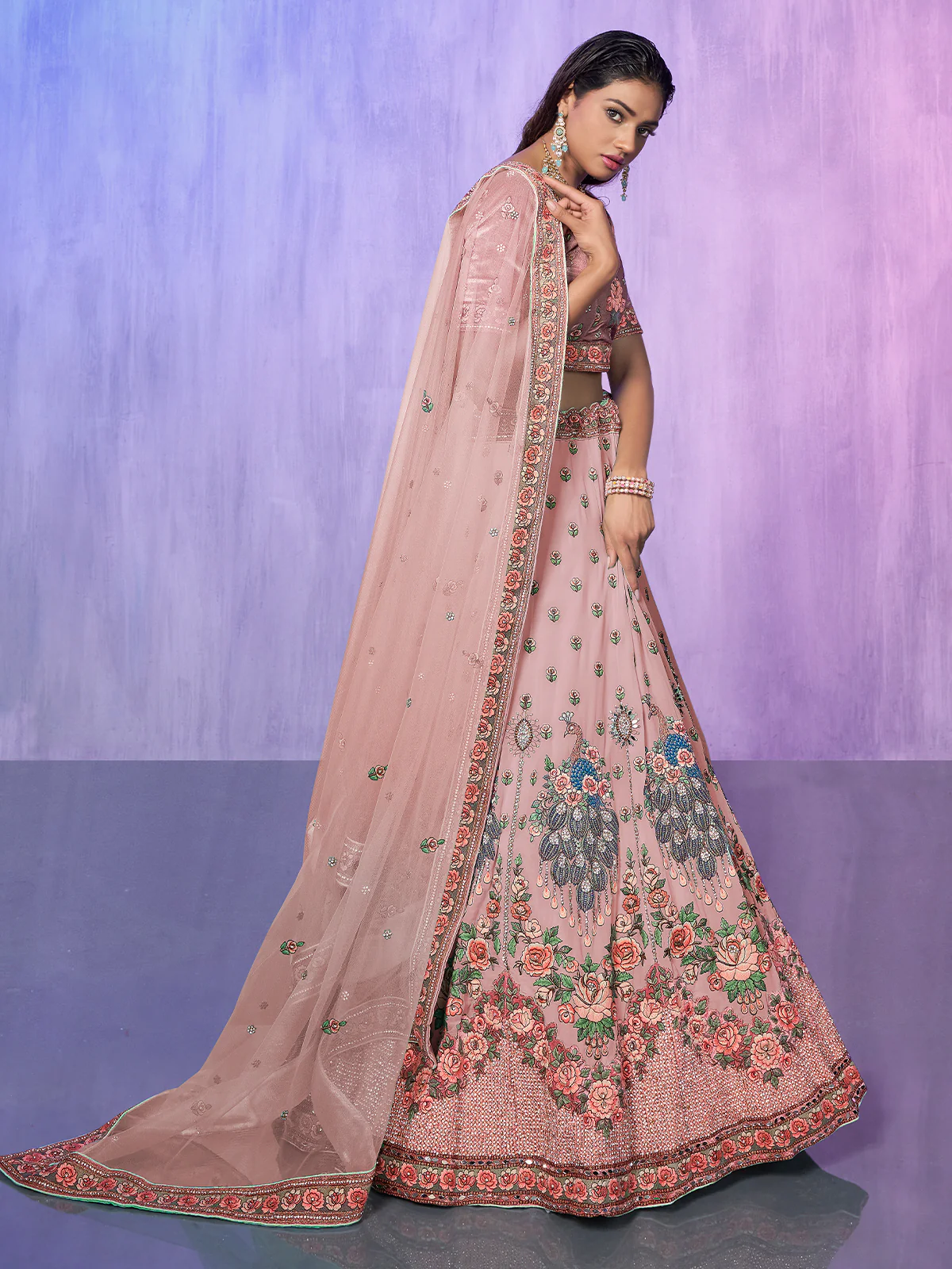 Odette Peach Embroidered Georgette Semi Stitched Lehenga With Unstitched Blouse For Women - Image 3