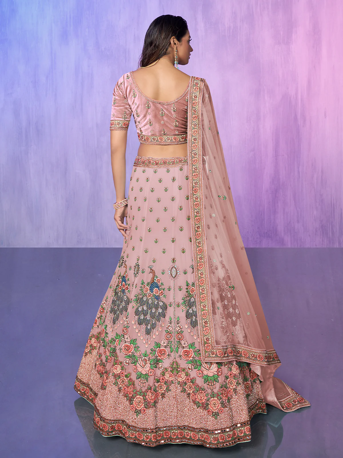 Odette Peach Embroidered Georgette Semi Stitched Lehenga With Unstitched Blouse For Women - Image 4