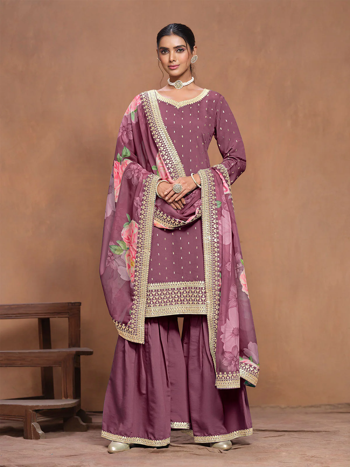 Odette Mauve Embroidered Silk Blend Semi Stitched Kurta Set For Women - Image 3