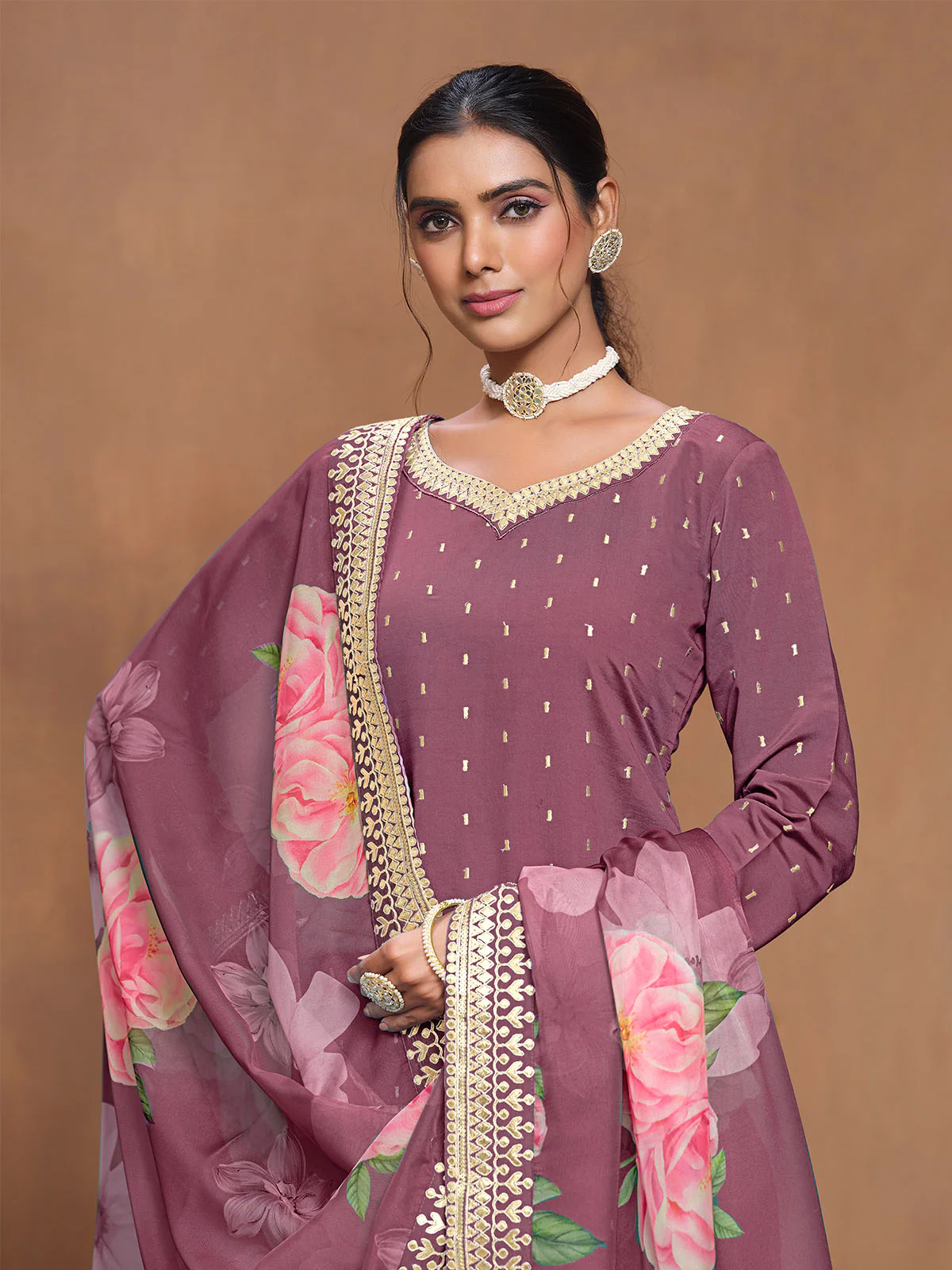 Odette Mauve Embroidered Silk Blend Semi Stitched Kurta Set For Women - Image 4