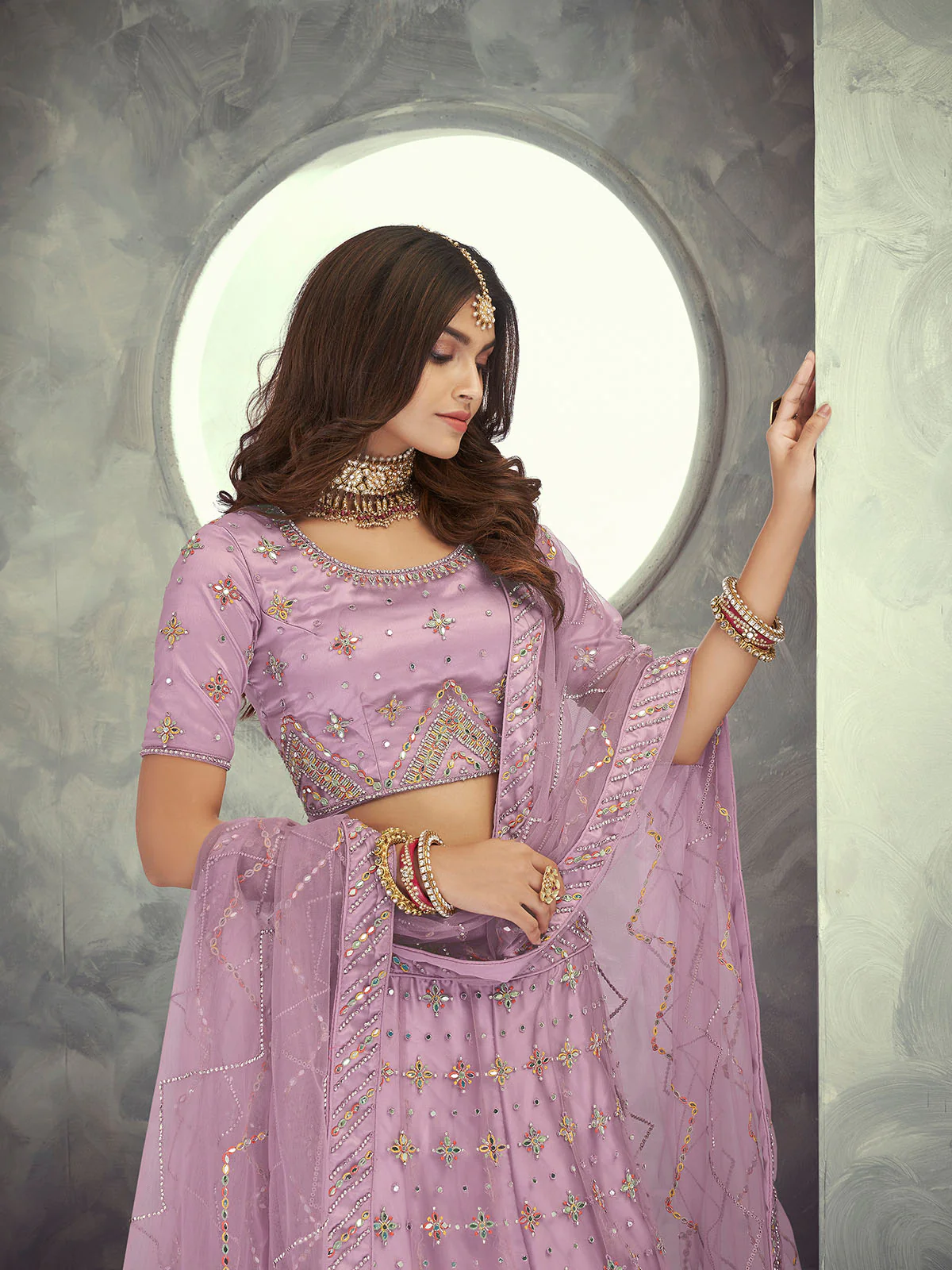Odette Mauve Embroidered Soft Net Semi Stitched Lehenga With Blouse For Women - Image 3