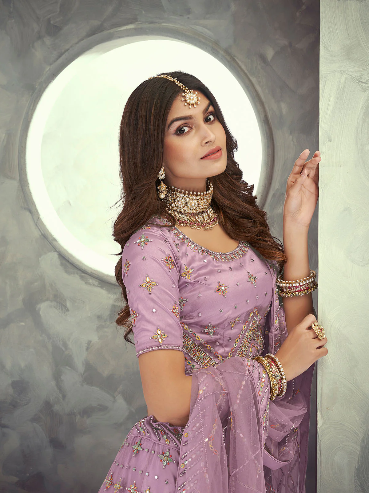 Odette Mauve Embroidered Soft Net Semi Stitched Lehenga With Blouse For Women - Image 4