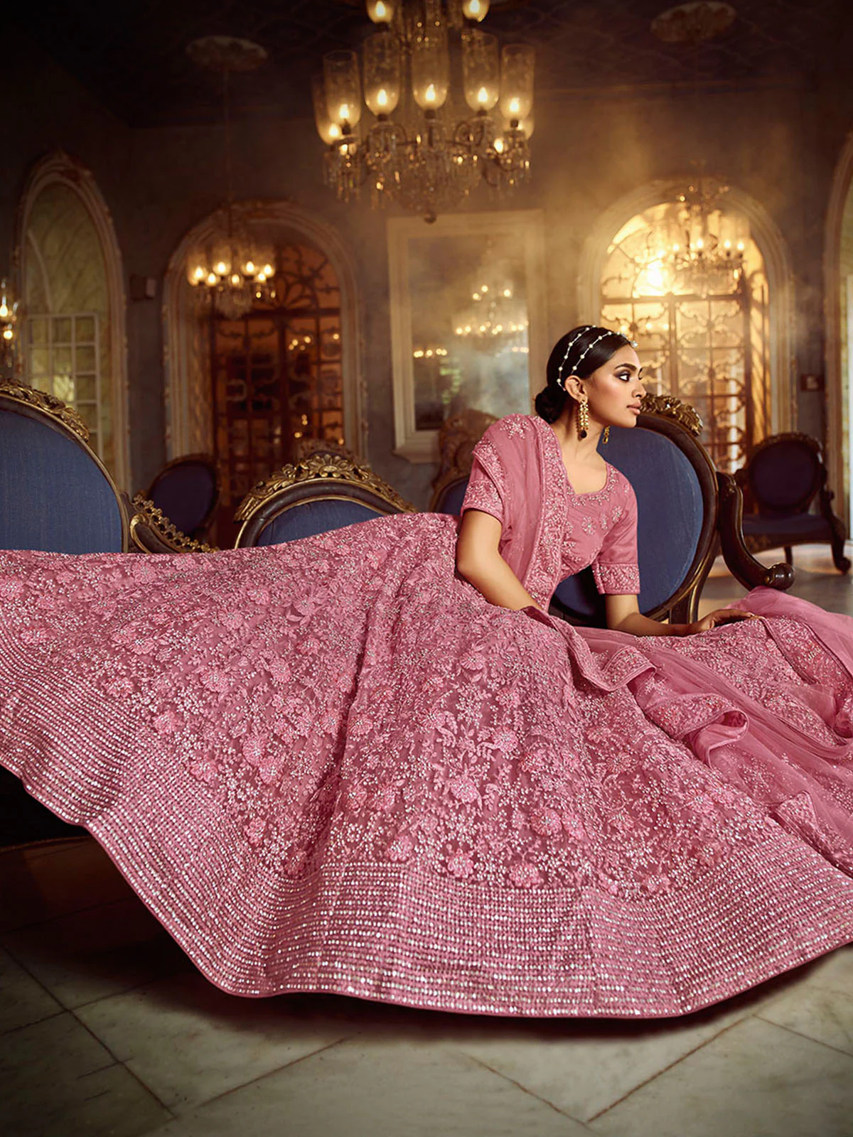 Odette Mauve Embroidered Soft Net Semi Stitched Lehenga With Blouse For Women - Image 2