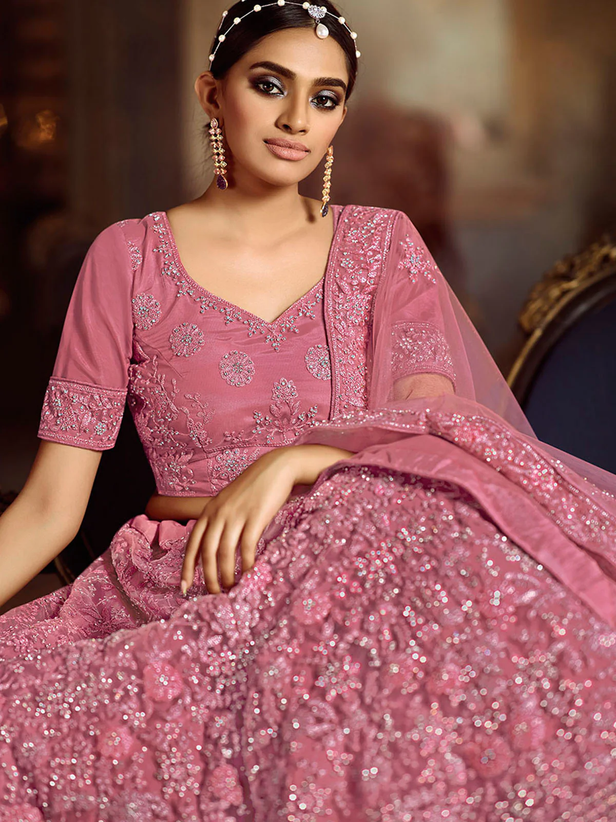 Odette Mauve Embroidered Soft Net Semi Stitched Lehenga With Blouse For Women - Image 3