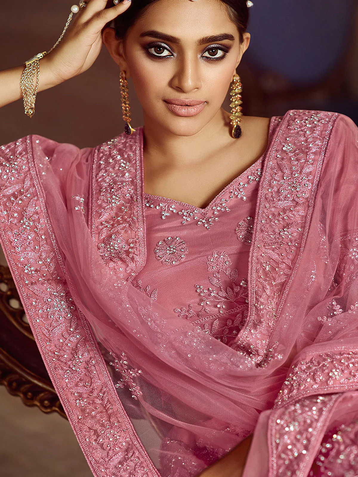 Odette Mauve Embroidered Soft Net Semi Stitched Lehenga With Blouse For Women - Image 4