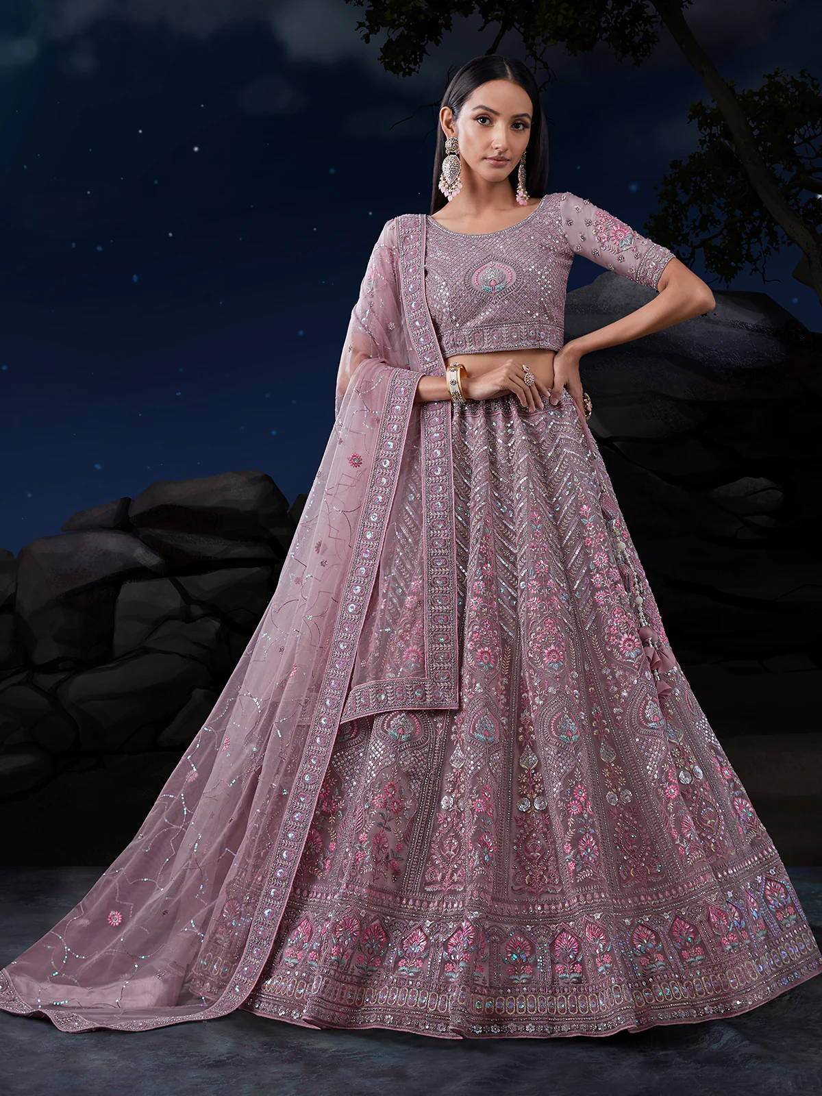 Odette Mauve Embroidered Soft Net Semi Stitched Lehenga With Blouse For Women - Image 2