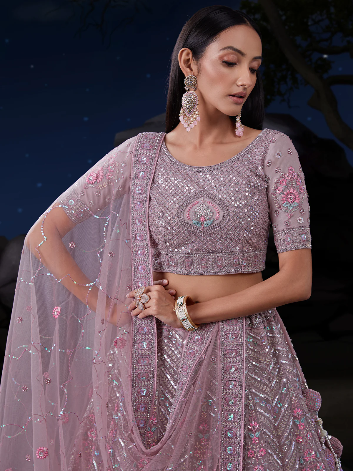 Odette Mauve Embroidered Soft Net Semi Stitched Lehenga With Blouse For Women - Image 5