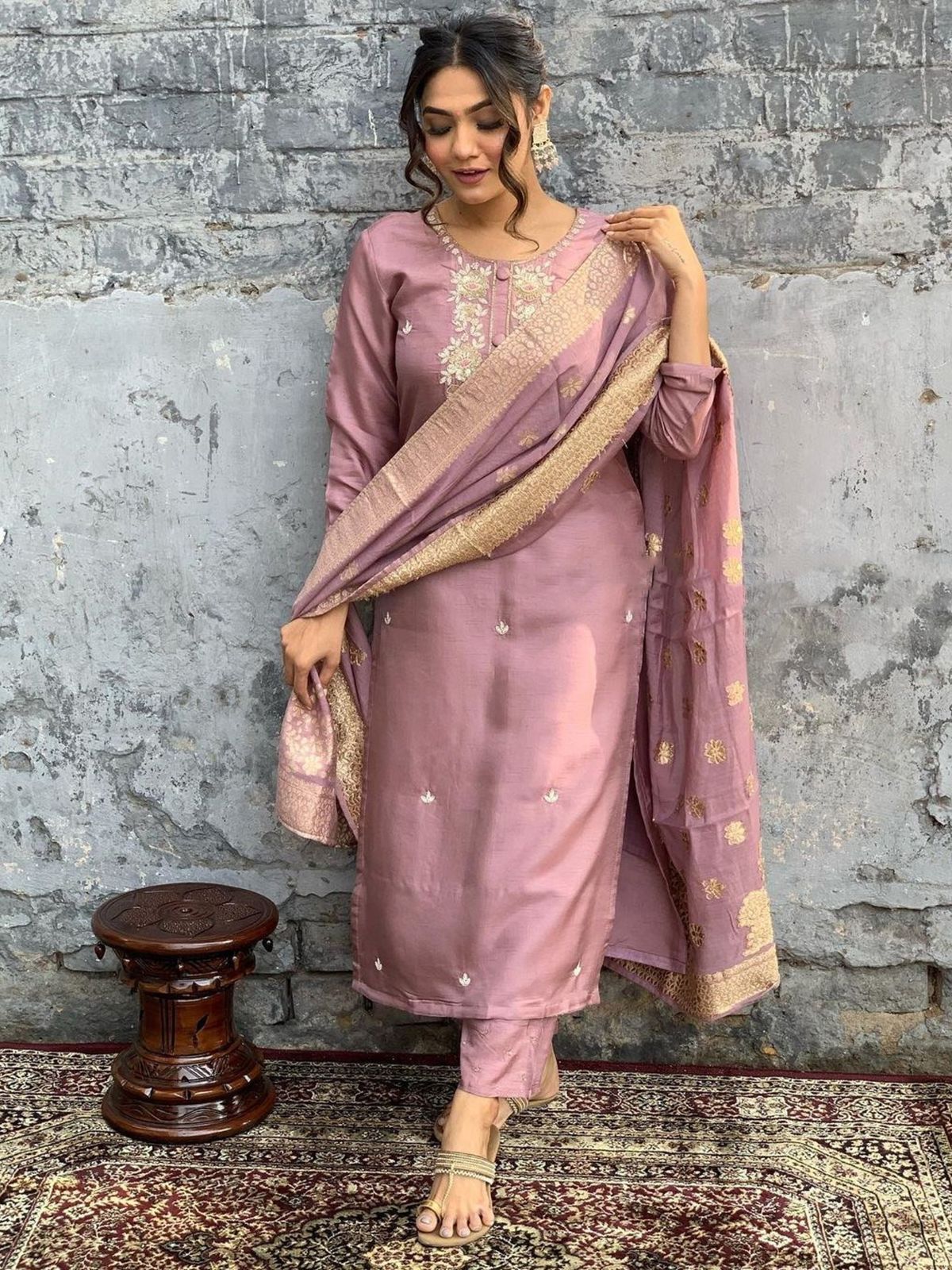 Odette Mauve Embroidered Viscose Silk Stitched Kurta Salwar Set For Women - Image 2