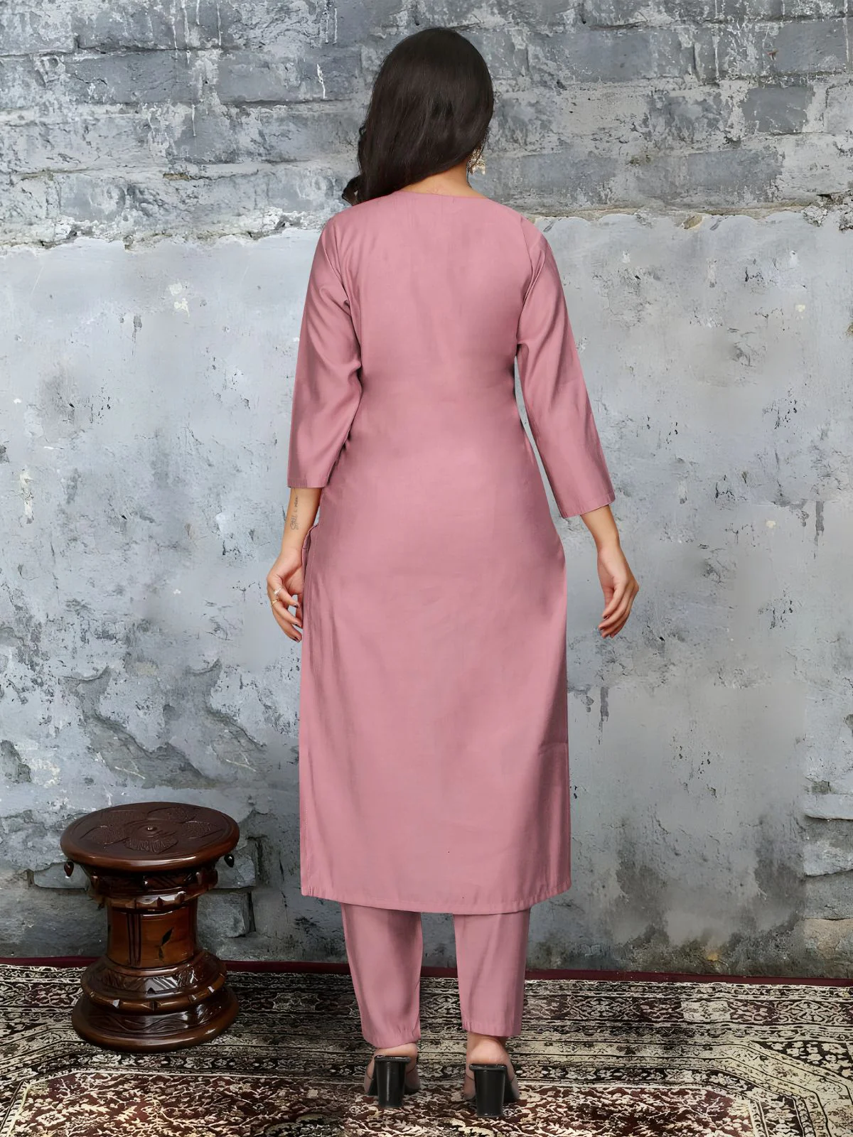 Odette Mauve Embroidered Viscose Silk Stitched Kurta Salwar Set For Women - Image 6