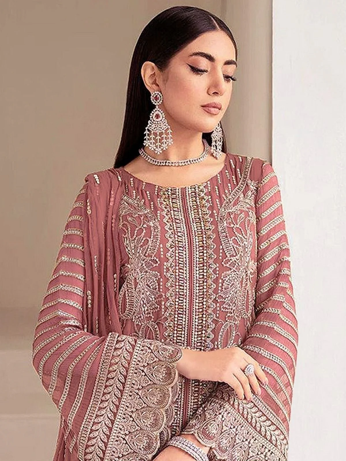 Odette Mauve Georgette Embellished Semi Stitched Kurta Set For Women - Image 2
