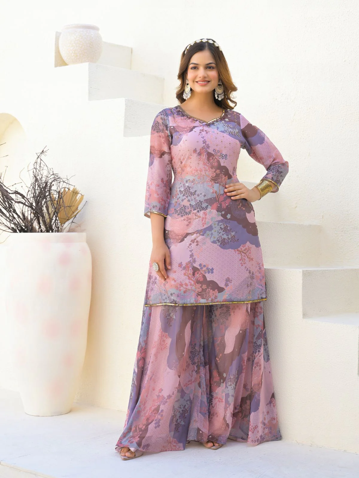 Odette Mauve Georgette Embellished Stiched Kurta Set For Women - Image 2