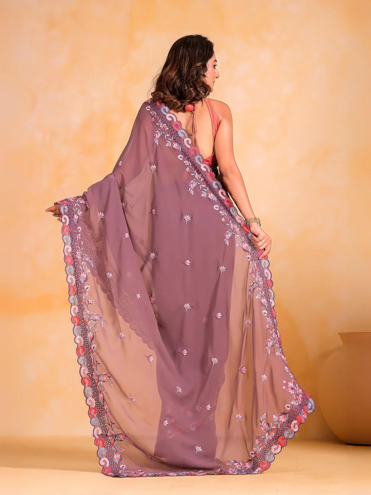 Odette Mauve Georgette Embroidered Saree With Unstitched Blouse For Women - Image 4